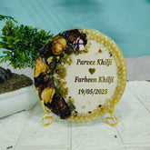 Resin 5inch Round with Half side flowers & Half side Name Date with Pearls border Flowers Preservation